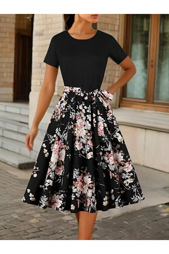 Gökyüzü Moda Kadın Kısa Kollu Bisiklet Yaka çiçek Desenli üst Viskon Alt Süprem Kısa Elbise