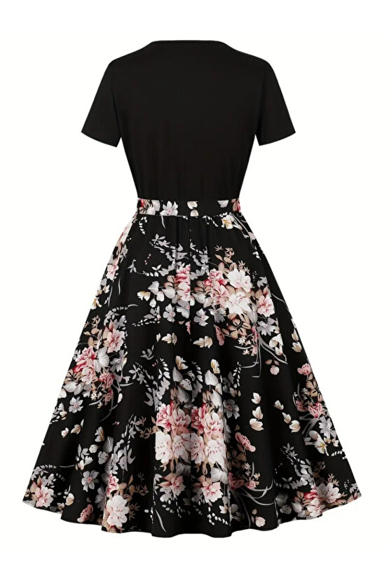 Gökyüzü Moda Kadın Kısa Kollu Bisiklet Yaka çiçek Desenli üst Viskon Alt Süprem Kısa Elbise