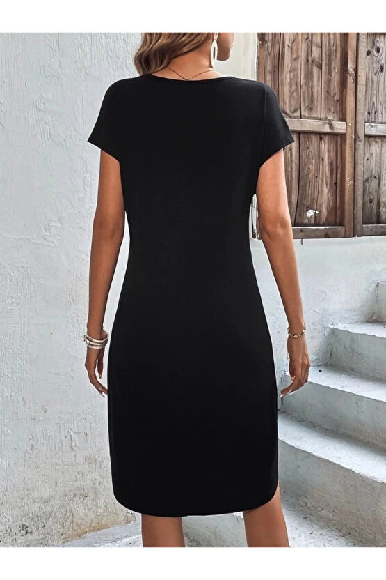 Kadın Kısa Kollu Bisiklet Yaka Viskon Iki Iplik Elbise