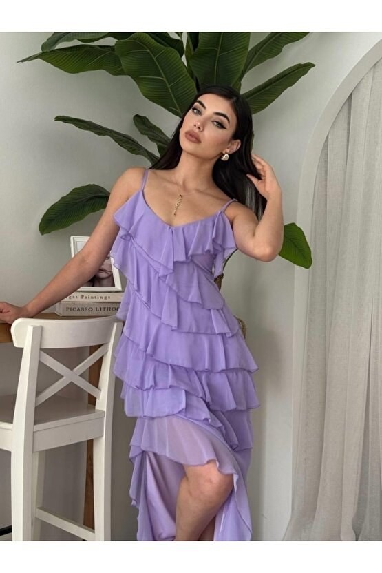 Gökyüzü Moda Ples Yırtmaç Detaylı Elbise