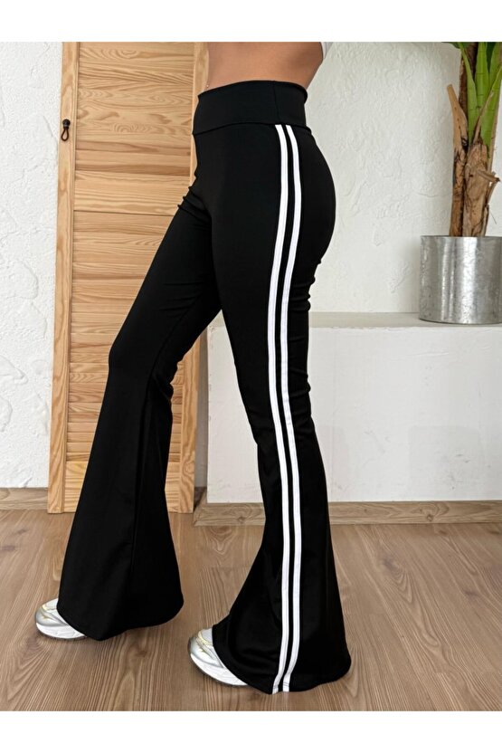 Gökyüzü Moda Kadın Yüksek Bel şerit Detaylı Ispanyol Paçalı Dalgıç Pantolon