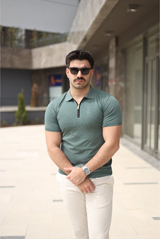 Gökyüzü Moda Erkek Polo Yaka Fermuar Detaylı Tişört