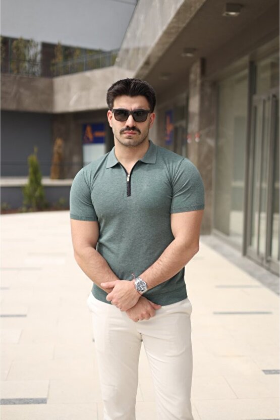 Gökyüzü Moda Erkek Polo Yaka Fermuar Detaylı Tişört