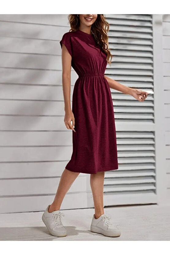 Kadın Kısa Kollu Bisiklet Yaka Belden Lastikli Midi Viskon Elbise