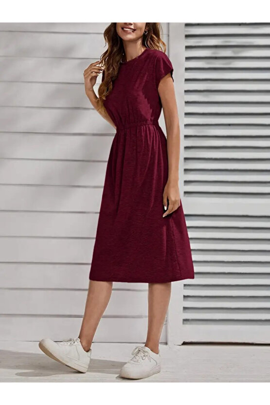 Kadın Kısa Kollu Bisiklet Yaka Belden Lastikli Midi Viskon Elbise