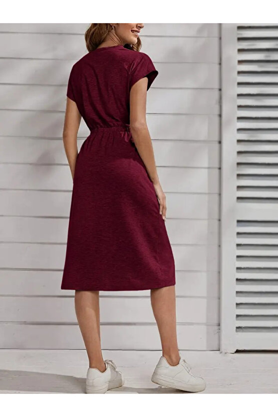 Kadın Kısa Kollu Bisiklet Yaka Belden Lastikli Midi Viskon Elbise