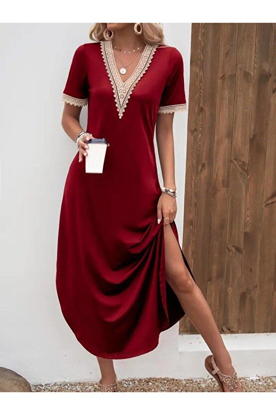 Kadın Kısa Kollu Dantel V Yakalı Uzun Viskon Elbise
