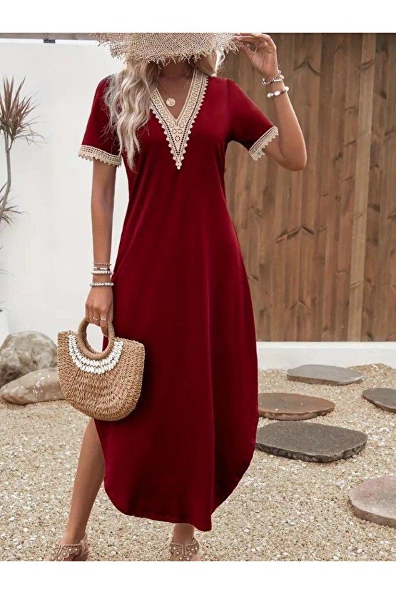 Kadın Kısa Kollu Dantel V Yakalı Uzun Viskon Elbise