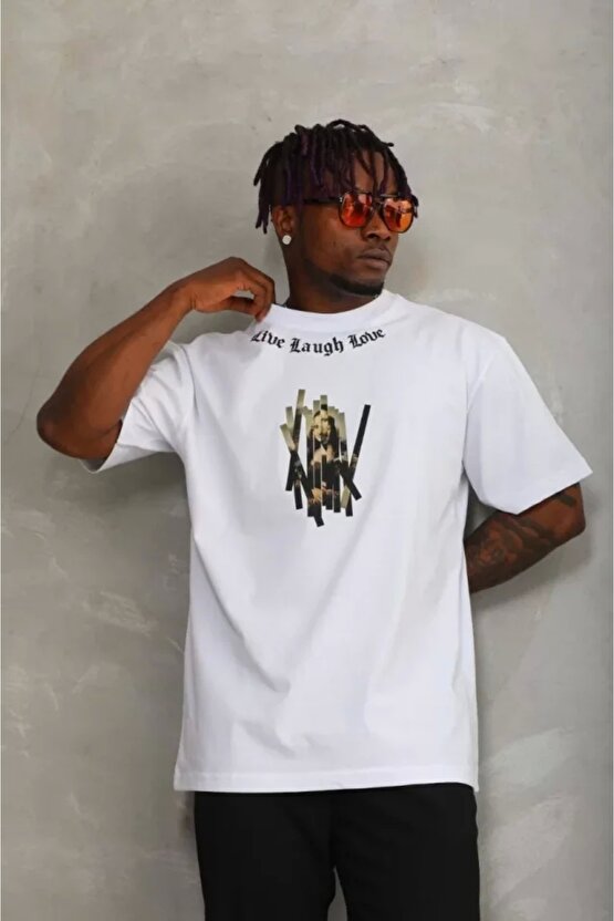 Unisex Oversize Baskılı Bisiklet Yaka T-Shirt - Beyaz