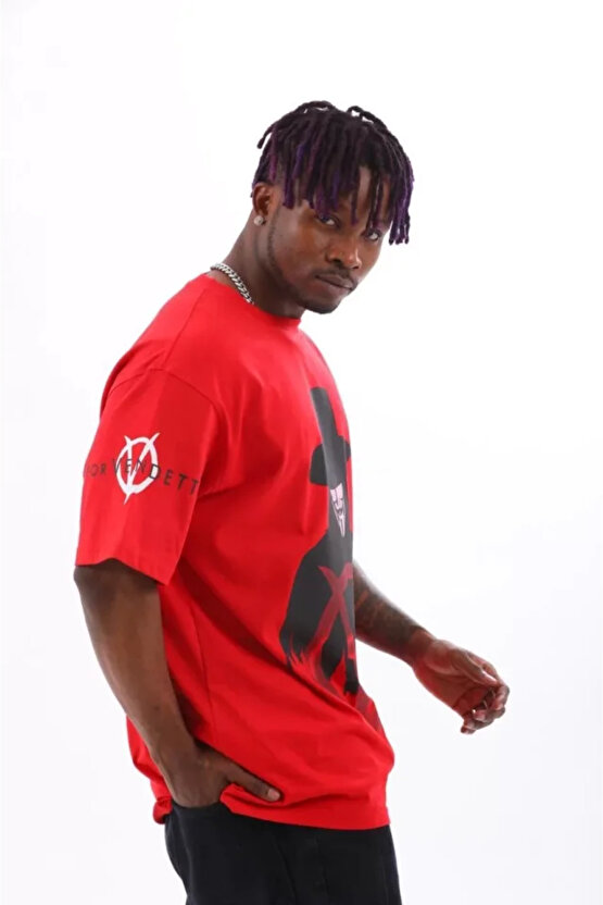 Gökyüzü Moda Unisex Oversize Baskılı Bisiklet Yaka T-Shirt - Kırmızı