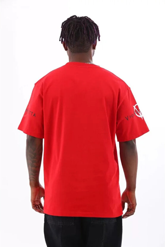 Gökyüzü Moda Unisex Oversize Baskılı Bisiklet Yaka T-Shirt - Kırmızı