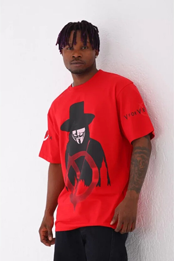 Gökyüzü Moda Unisex Oversize Baskılı Bisiklet Yaka T-Shirt - Kırmızı