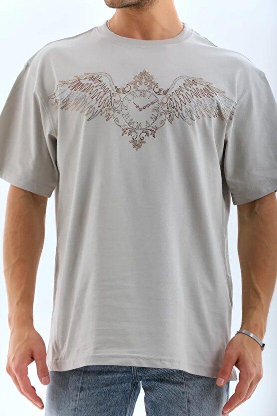 Gökyüzü Moda Unisex Oversize Taşlı Bisiklet Yaka T-Shirt - Gri