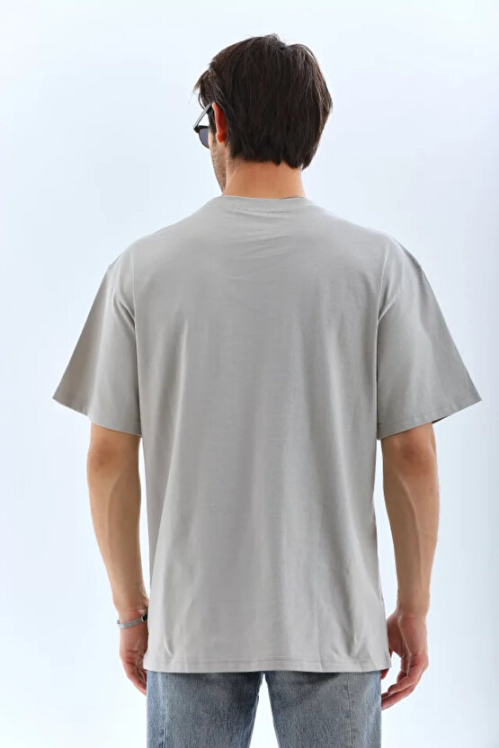 Gökyüzü Moda Unisex Oversize Taşlı Bisiklet Yaka T-Shirt - Gri