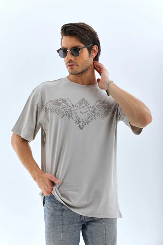 Gökyüzü Moda Unisex Oversize Taşlı Bisiklet Yaka T-Shirt - Gri