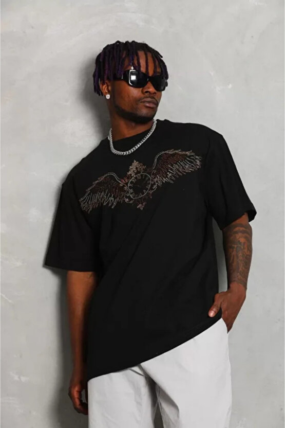 eyesof Unisex Oversize Taşlı Bisiklet Yaka T-Shirt - Siyah