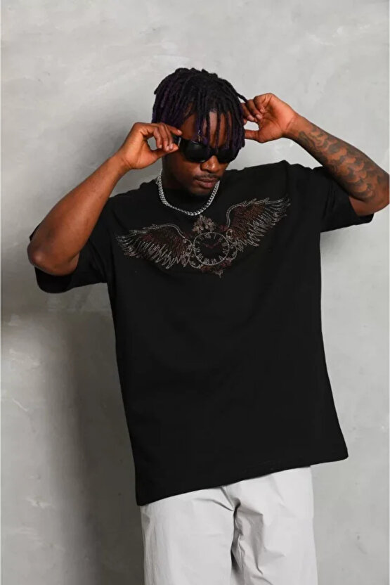 eyesof Unisex Oversize Taşlı Bisiklet Yaka T-Shirt - Siyah