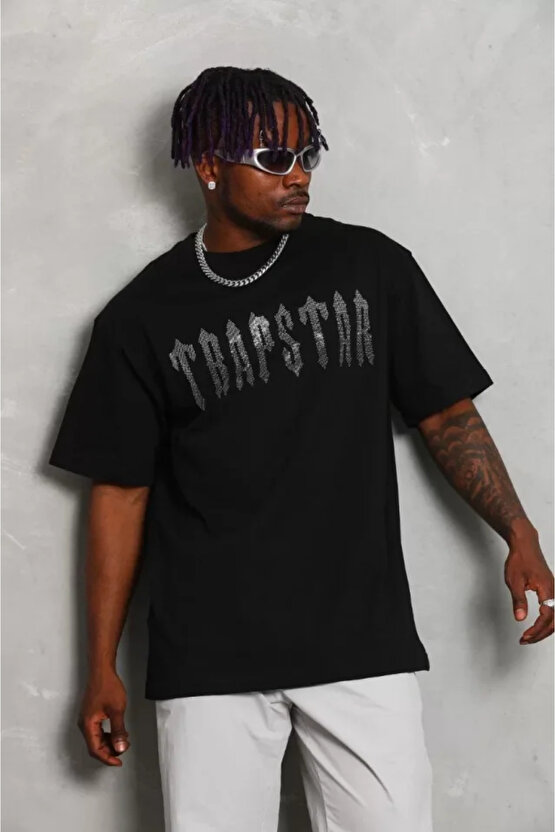 Gökyüzü Moda Unisex Oversize Taşlı Bisiklet Yaka T-Shirt - Siyah