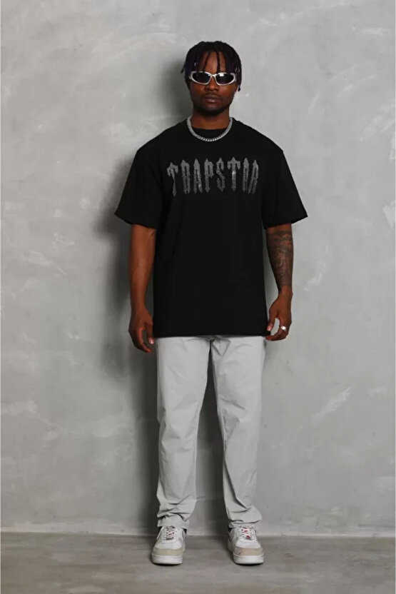 Gökyüzü Moda Unisex Oversize Taşlı Bisiklet Yaka T-Shirt - Siyah