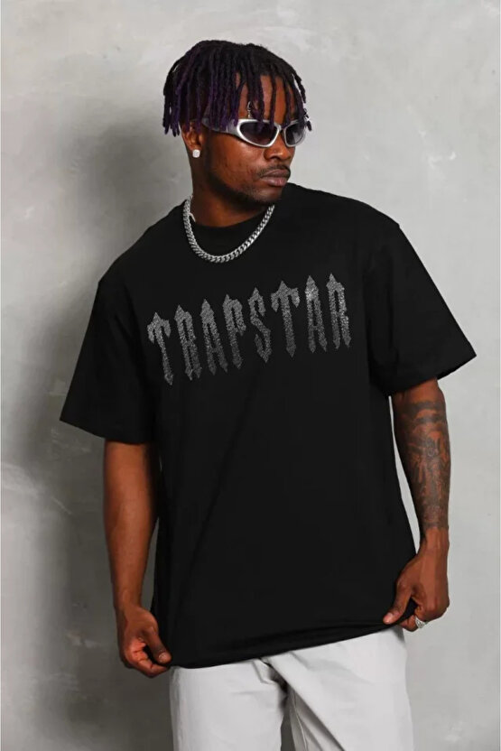 Gökyüzü Moda Unisex Oversize Taşlı Bisiklet Yaka T-Shirt - Siyah