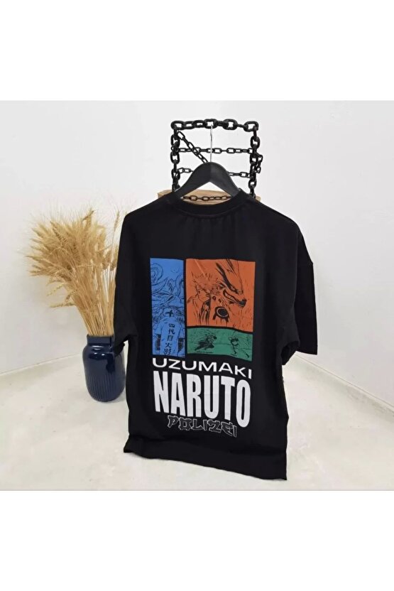 Unisex Bisiklet Yaka Baskılı Oversize T-Shirt - Siyah