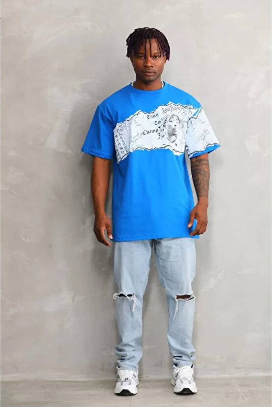 Gökyüzü Moda Unisex Bisiklet Yaka Baskılı Oversize T-Shirt - Mavi