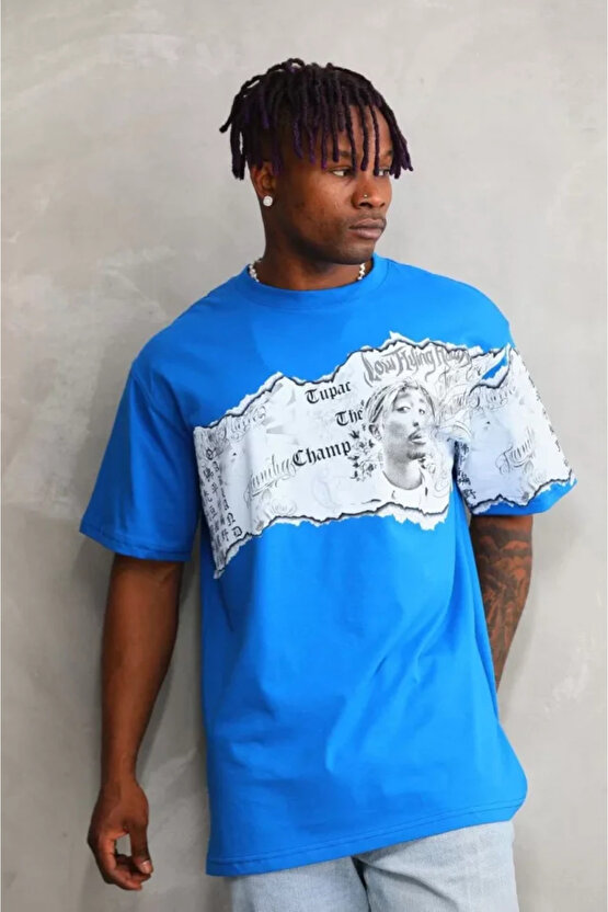 Gökyüzü Moda Unisex Bisiklet Yaka Baskılı Oversize T-Shirt - Mavi