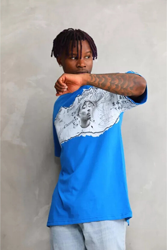 Gökyüzü Moda Unisex Bisiklet Yaka Baskılı Oversize T-Shirt - Mavi