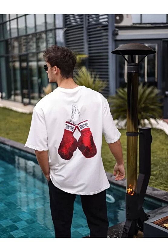 Unisex Bisiklet Yaka Baskılı Oversize T-Shirt - Beyaz