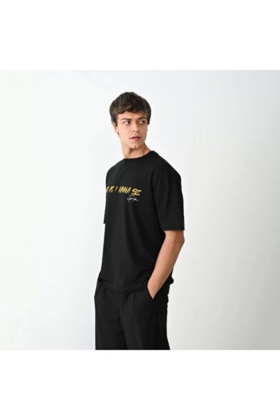 Unisex Bisiklet Yaka Baskılı Oversize T-Shirt - Siyah