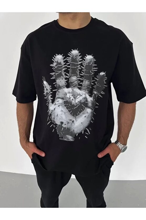 Unisex Bisiklet Yaka Baskılı Oversize T-Shirt - Siyah