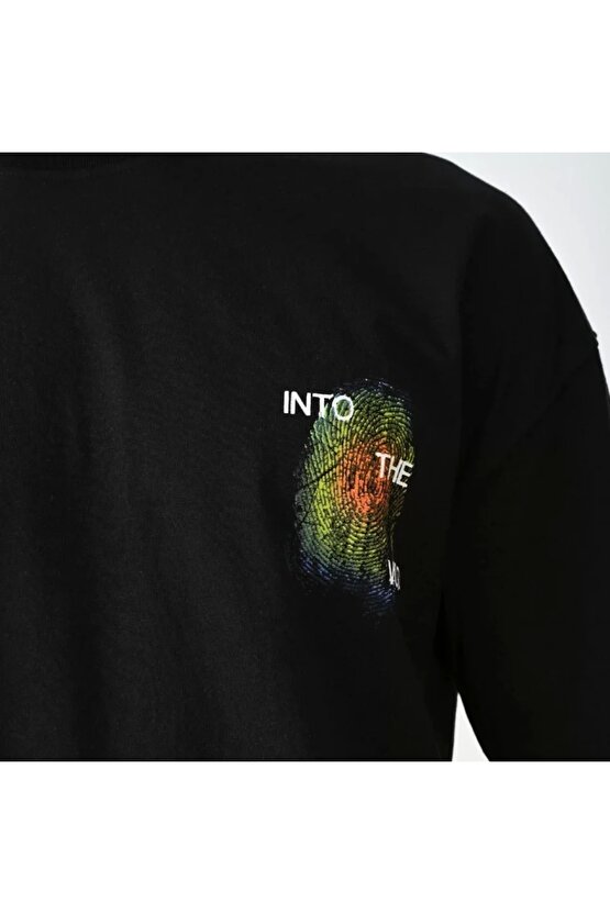 Unisex Bisiklet Yaka Baskılı Oversize T-Shirt - Siyah