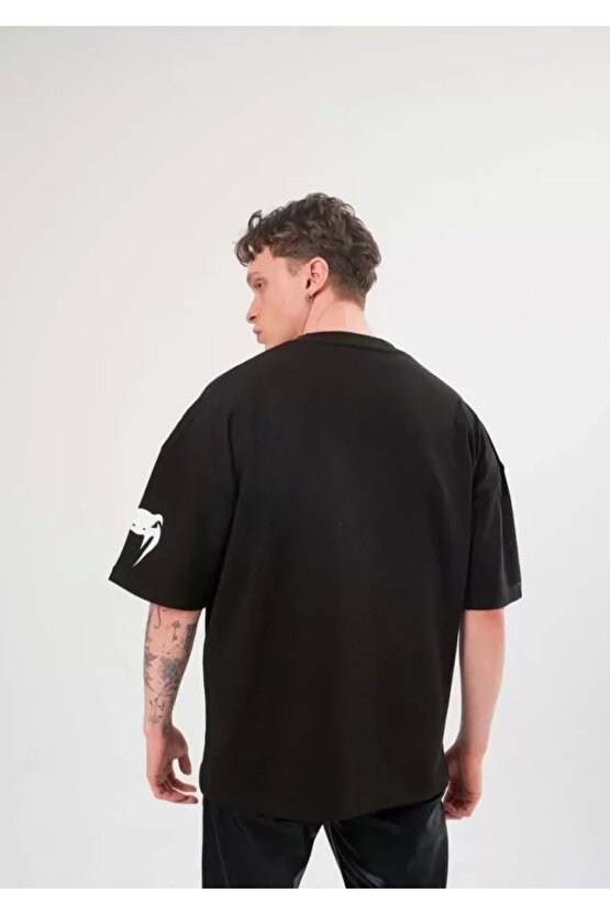 Unisex Bisiklet Yaka Baskılı Oversize T-Shirt - Siyah