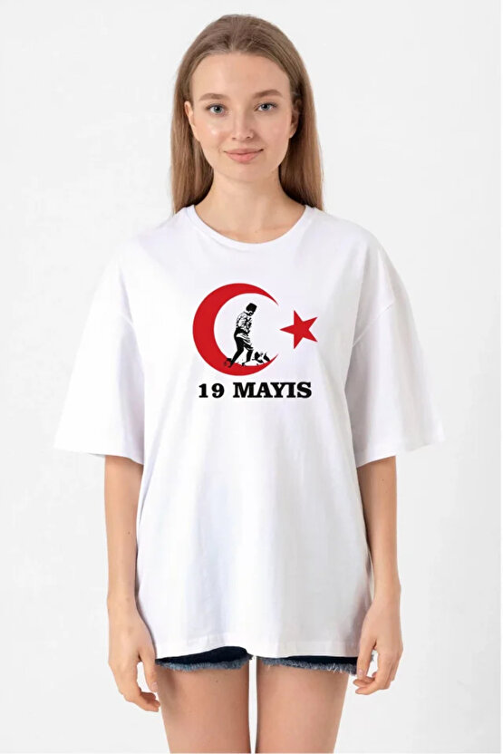 Gökyüzü Moda 19 Mayıs 201 Baskılı T-shirt - Beyaz