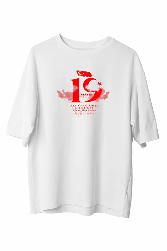 Gökyüzü Moda 19 Mayıs Unisex Baskılı T-shirt - Beyaz