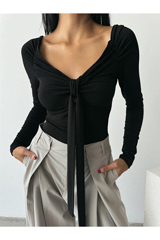 SANDY BODYSUİT ÖNDEN BAĞLAMA DETAYLI - Siyah