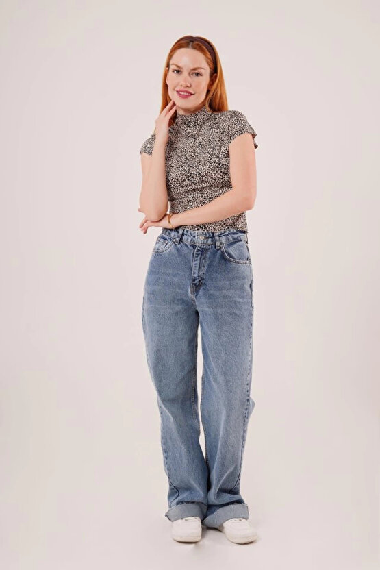 Kadın Leopar Desen Kısa Kollu Basic T-Shirt