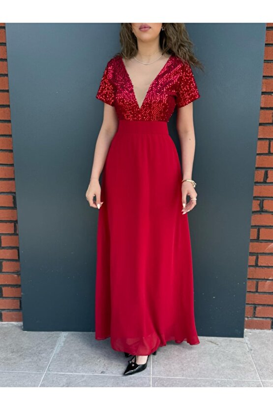 Gökyüzü Moda Kadın Kısa Kollu Derin V Yakalı A Kesim Pulpayet Detaylı şifon Nedime Elbisesi