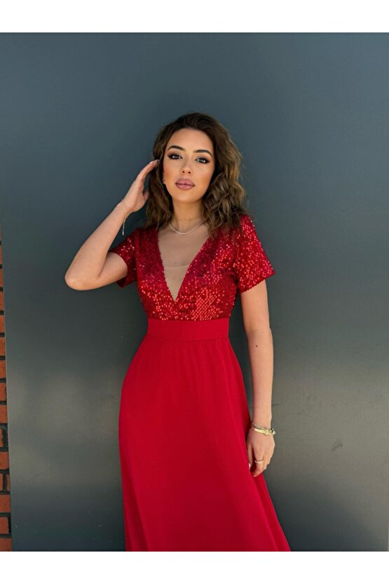 Gökyüzü Moda Kadın Kısa Kollu Derin V Yakalı A Kesim Pulpayet Detaylı şifon Nedime Elbisesi