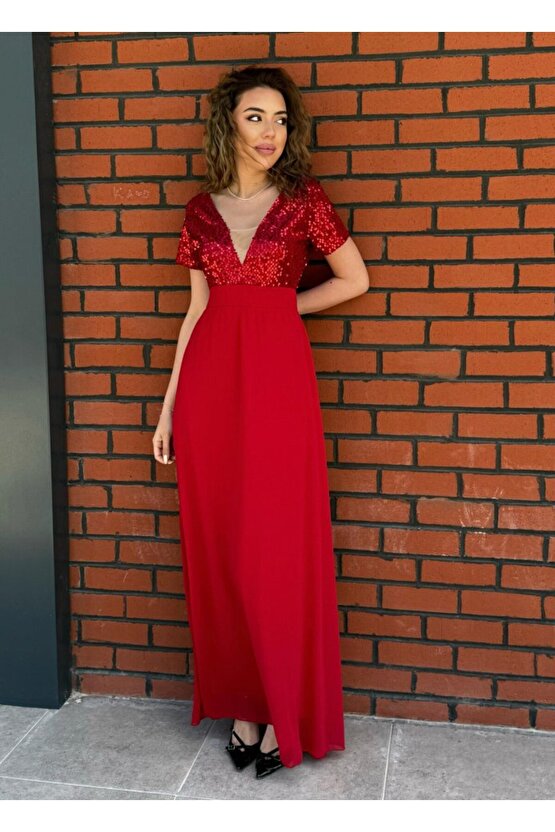 Gökyüzü Moda Kadın Kısa Kollu Derin V Yakalı A Kesim Pulpayet Detaylı şifon Nedime Elbisesi