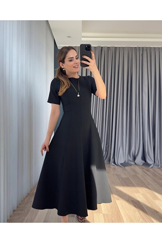 Gökyüzü Moda Kadın Kısa Kollu Bisiklet Yaka Maksi Boy Ithal Krep Elbise