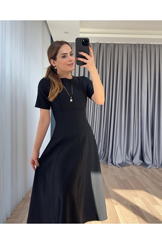 Gökyüzü Moda Kadın Kısa Kollu Bisiklet Yaka Maksi Boy Ithal Krep Elbise