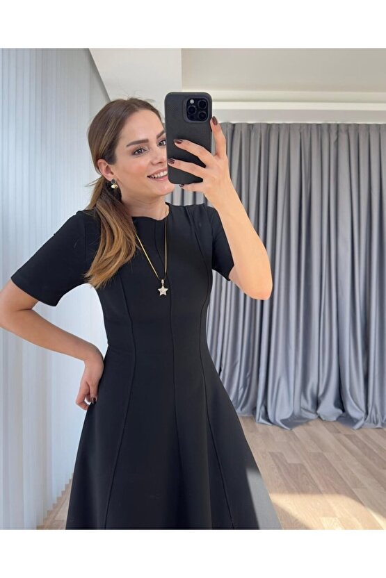 Gökyüzü Moda Kadın Kısa Kollu Bisiklet Yaka Maksi Boy Ithal Krep Elbise