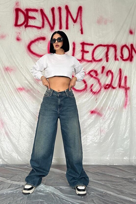 Gökyüzü Moda Lacivert Geniş Paça Jeans Pantolon