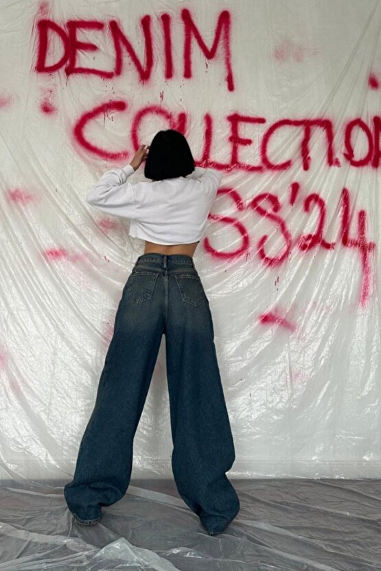 Gökyüzü Moda Lacivert Geniş Paça Jeans Pantolon