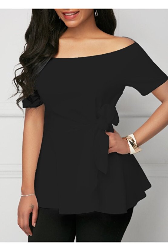 Gökyüzü Moda Kadın Kısa Kollu Madonna Yaka Yandan Bağlamalı Ithal Krep Bluz