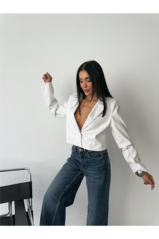Gökyüzü Moda DERİ CROP CEKET TEK DÜĞME - Beyaz