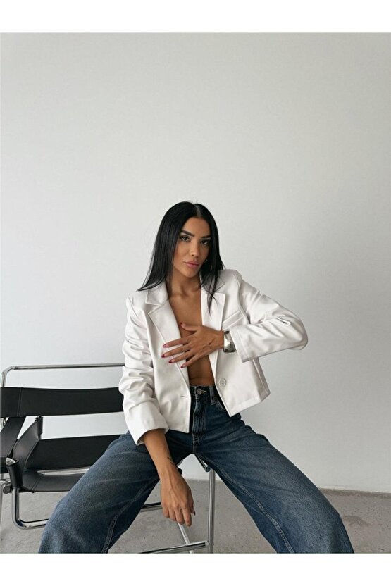 Gökyüzü Moda DERİ CROP CEKET TEK DÜĞME - Beyaz