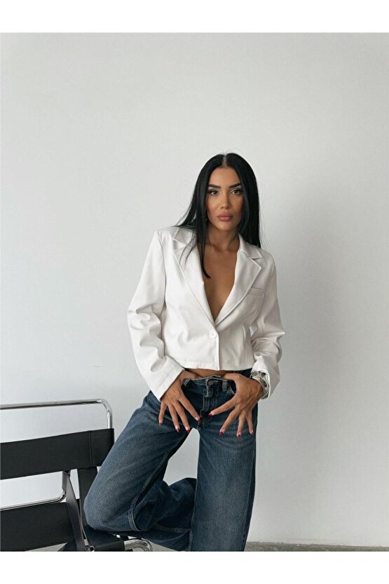 Gökyüzü Moda DERİ CROP CEKET TEK DÜĞME - Beyaz