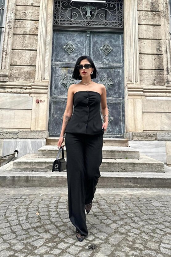 Gökyüzü Moda Siyah Straplez Düğmeli Crop Ve Pantolon Takım